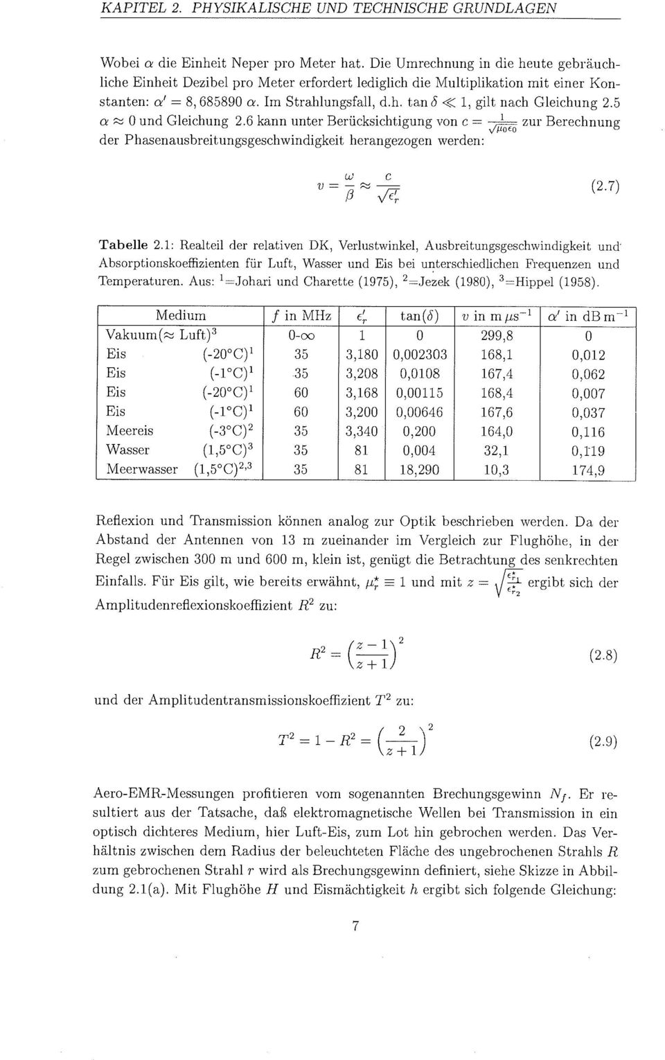 1, gilt nach Gleichung 2.5 a % 0 und Gleichung 2.6 kann unter BerÃ¼cksichtigun von C = v'foeo zur Berechnung der Phasenausbreitungsgeschwindigkeit herangezogen werden: Tabelle 2.