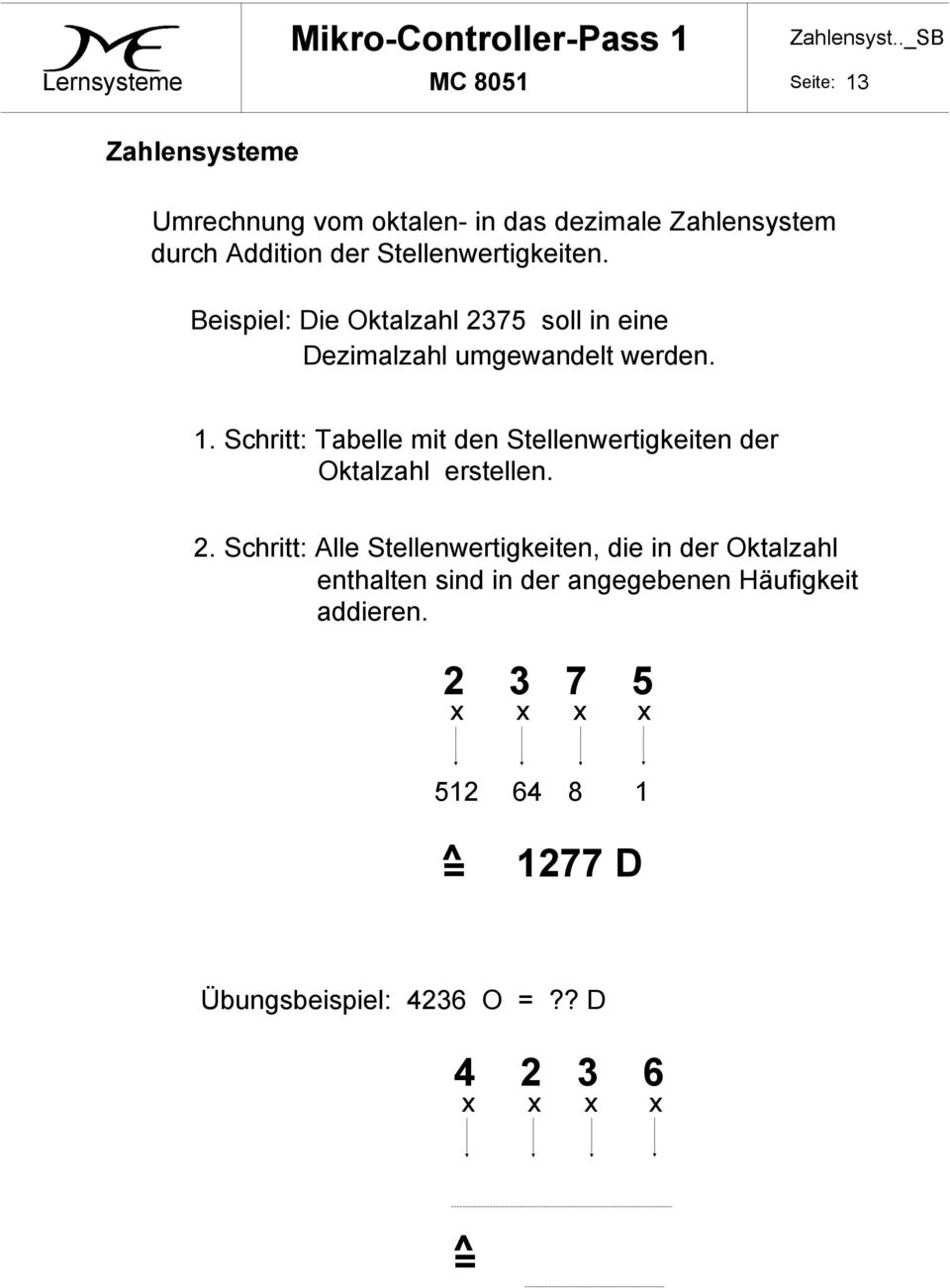 Schritt: Tabelle mit den Stellenwertigkeiten der Oktalzahl erstellen. 2.
