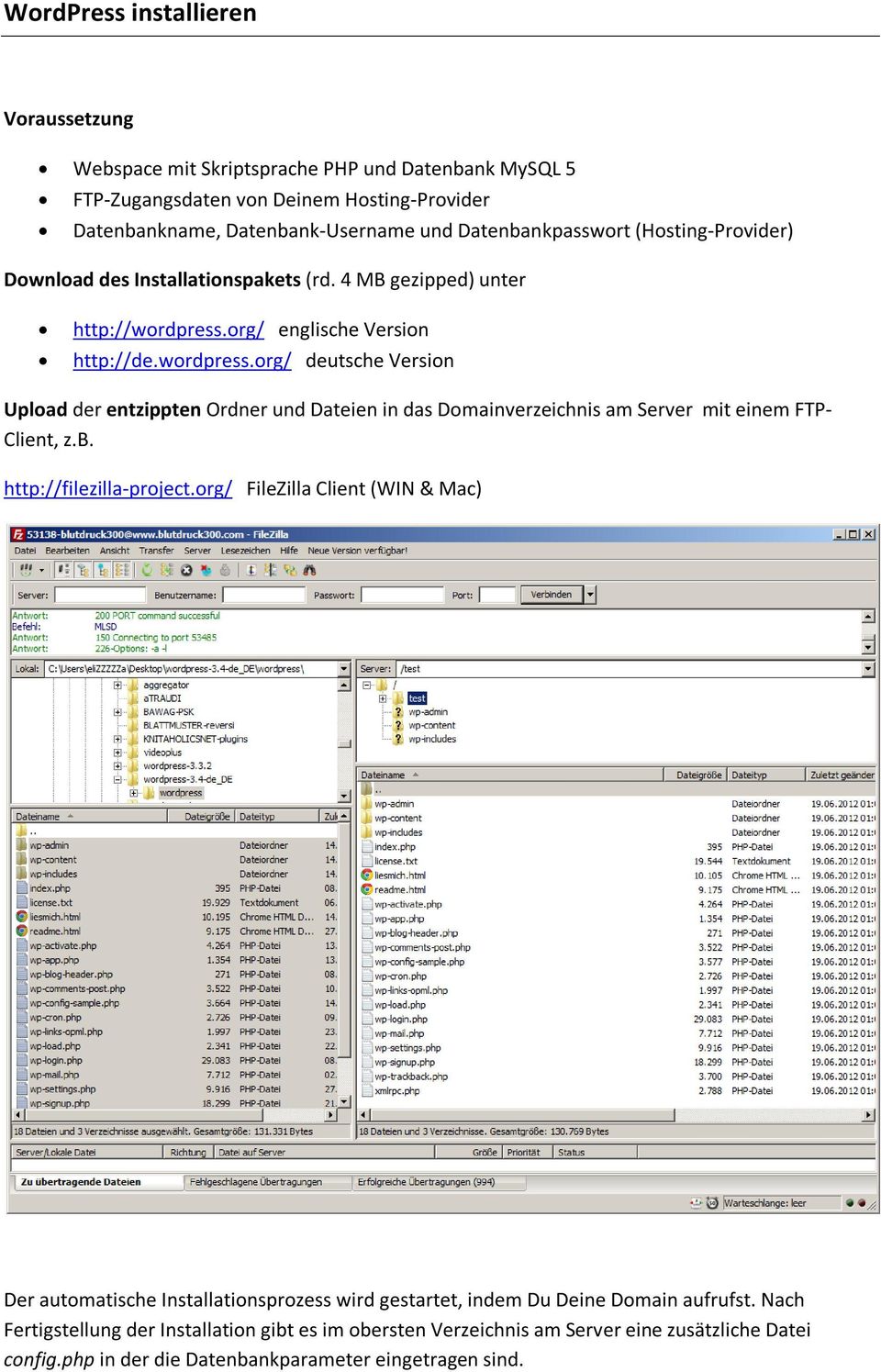 org/ englische Version http://de.wordpress.org/ deutsche Version Upload der entzippten Ordner und Dateien in das Domainverzeichnis am Server mit einem FTP- Client, z.b.