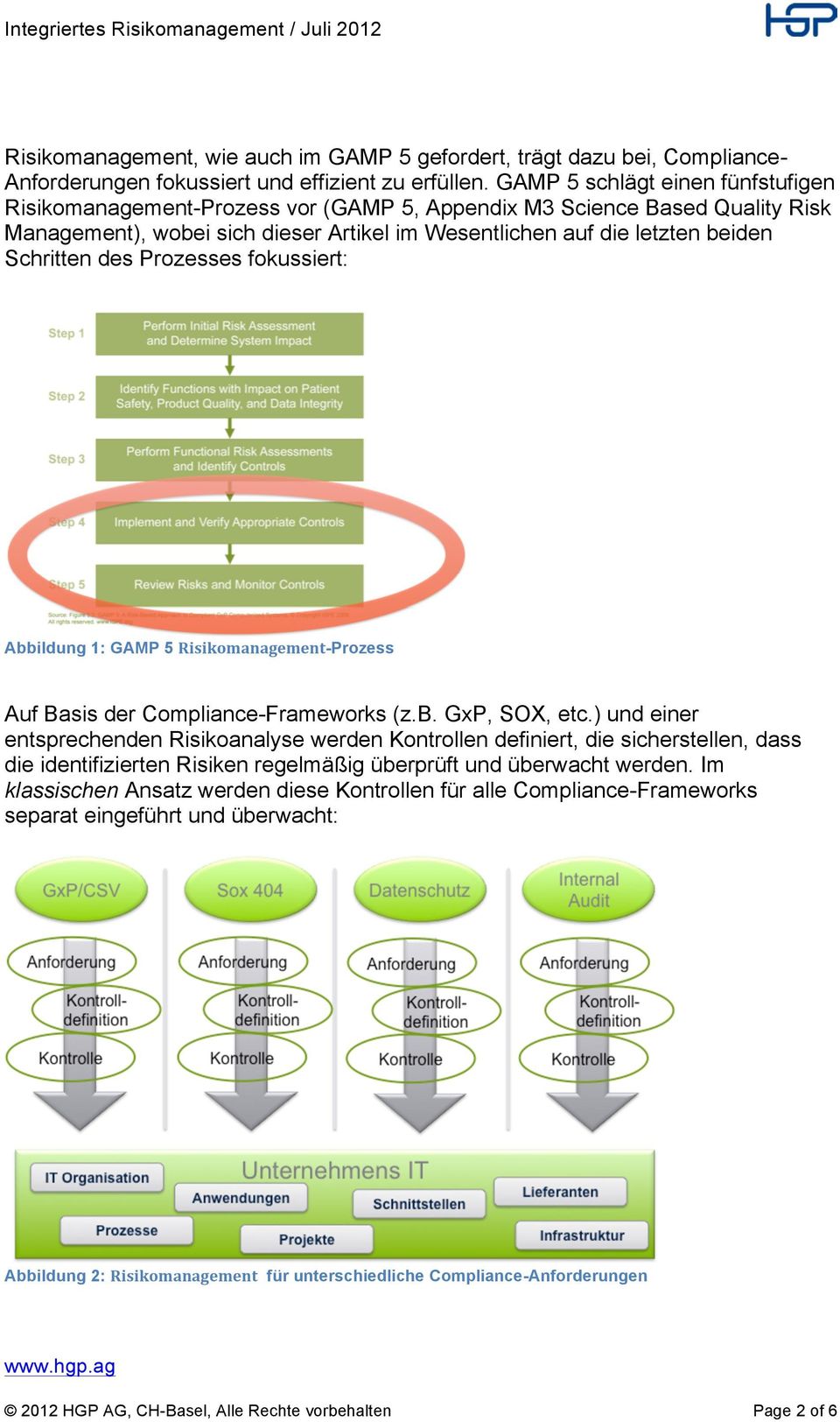 des Prozesses fokussiert: Abbildung 1: GAMP 5 Risikomanagement-Prozess Auf Basis der Compliance-Frameworks (z.b. GxP, SOX, etc.