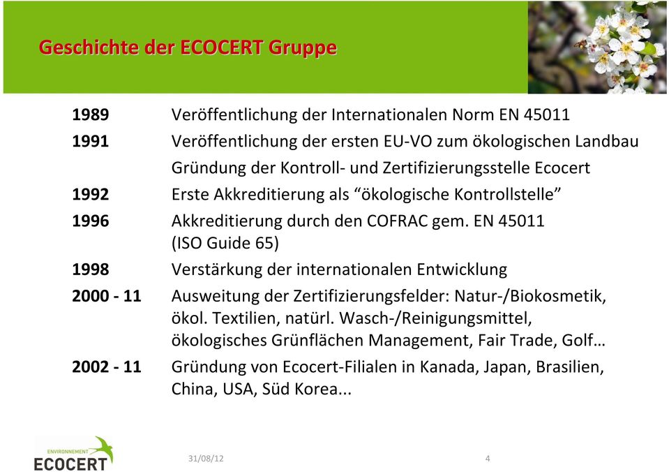 EN 45011 (ISO Guide 65) 1998 Verstärkung der internationalen Entwicklung 2000 11 Ausweitung der Zertifizierungsfelder: Natur /Biokosmetik, ökol. Textilien, natürl.