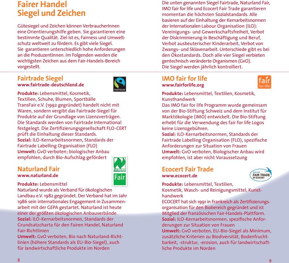 Im Folgenden werden die wichtigsten Zeichen aus dem Fair-Handels-Bereich vorgestellt. Fairtrade Siegel www.fairtrade-deutschland.