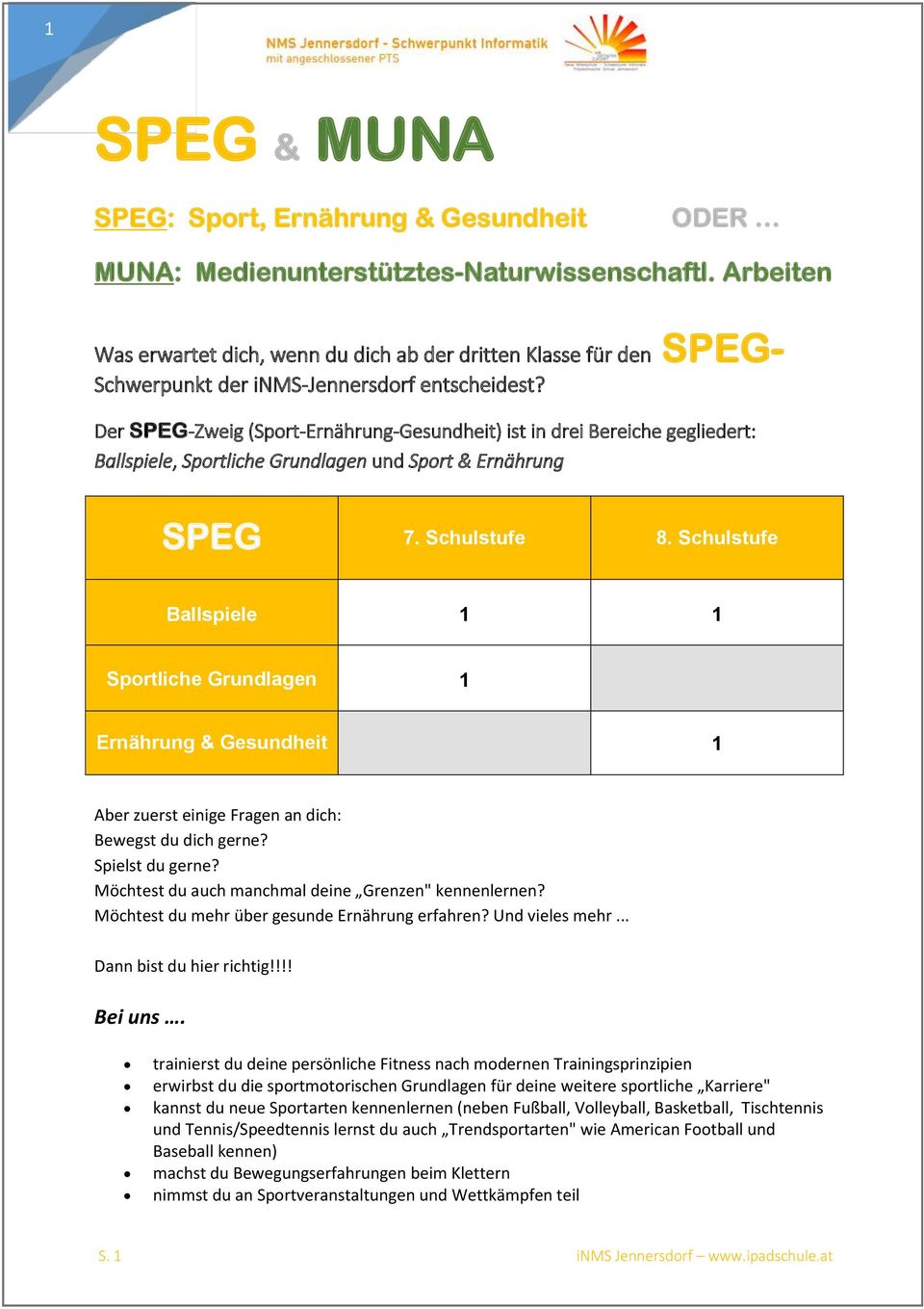 Der SPEG-Zweig (Sport-Ernährung-Gesundheit) ist in drei Bereiche gegliedert: Ballspiele, Sportliche Grundlagen und Sport & Ernährung SPEG 7. Schulstufe 8.