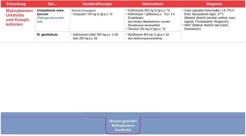 genitalium Azithromycin initial: 500 mg p.o. 2 5d: bzw. 250 mg p.o. 5d Moxifloxacin 400 mg 1x tgl p.o. 5d (bei Azithromycinresistenz) Herpes genitalis Mykoplasmen Urethritis Kultur (spezielle Kulturmedien, z.