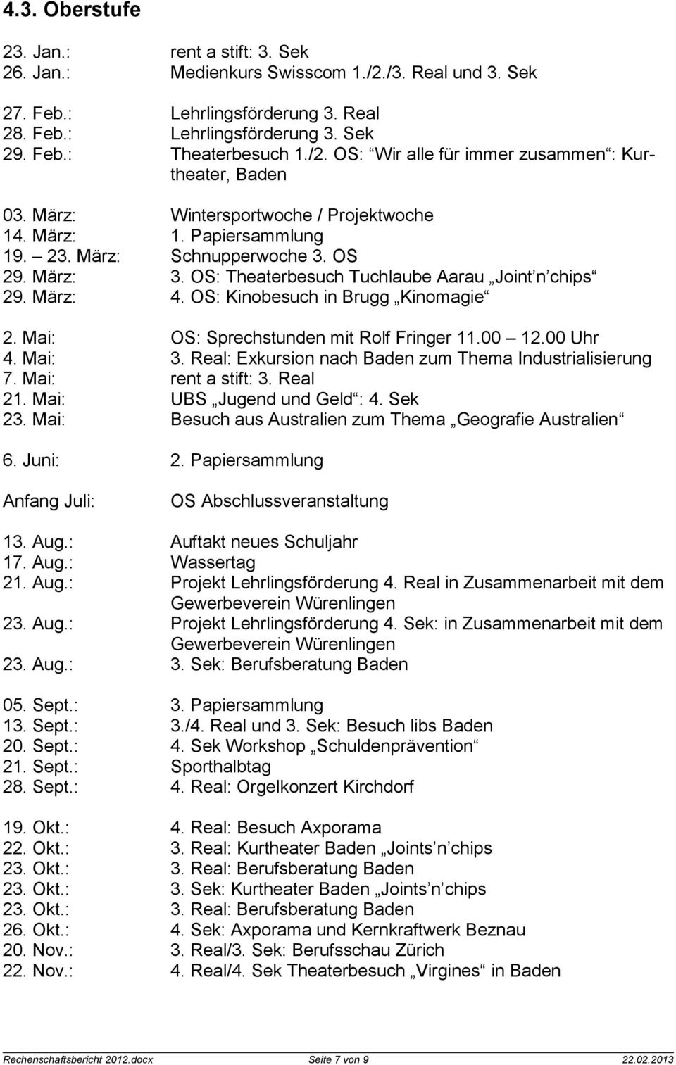 OS: Theaterbesuch Tuchlaube Aarau Joint n chips 29. März: 4. OS: Kinobesuch in Brugg Kinomagie 2. Mai: OS: Sprechstunden mit Rolf Fringer 11.00 12.00 Uhr 4. Mai: 3.