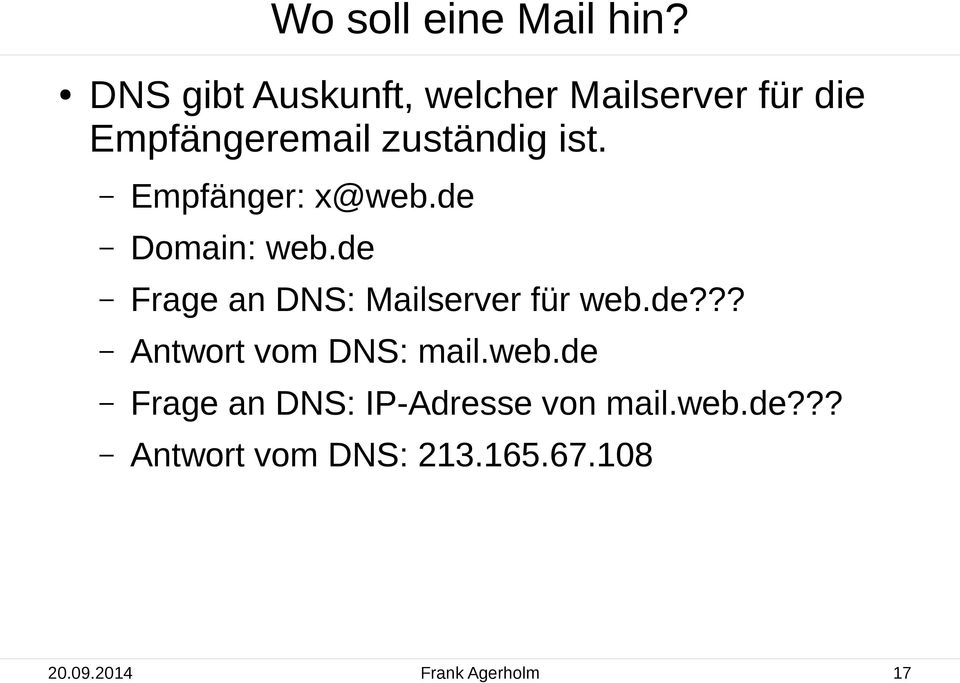 Empfänger: x@web.de Domain: web.de Frage an DNS: server für web.de??? Antwort vom DNS: mail.