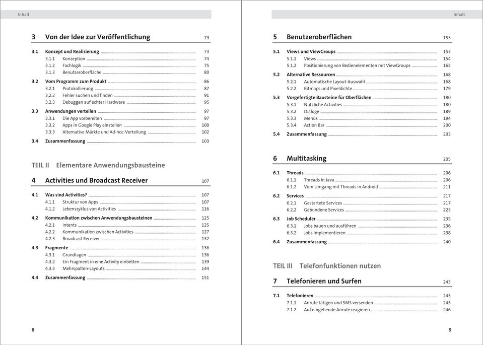 .. 97 3.3.2 Apps in Google Play einstellen... 100 3.3.3 Alternative Märkte und Ad-hoc-Verteilung... 102 3.4 Zusammenfassung... 103 5.1 Views und ViewGroups... 153 5.1.1 Views... 154 5.1.2 Positionierung von Bedienelementen mit ViewGroups.