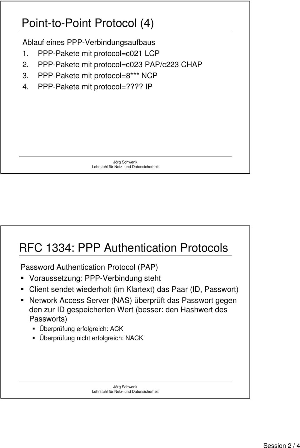 ??? IP RFC 1334: PPP Authentication Protocols Password Authentication Protocol (PAP) Voraussetzung: PPP-Verbindung steht Client sendet wiederholt