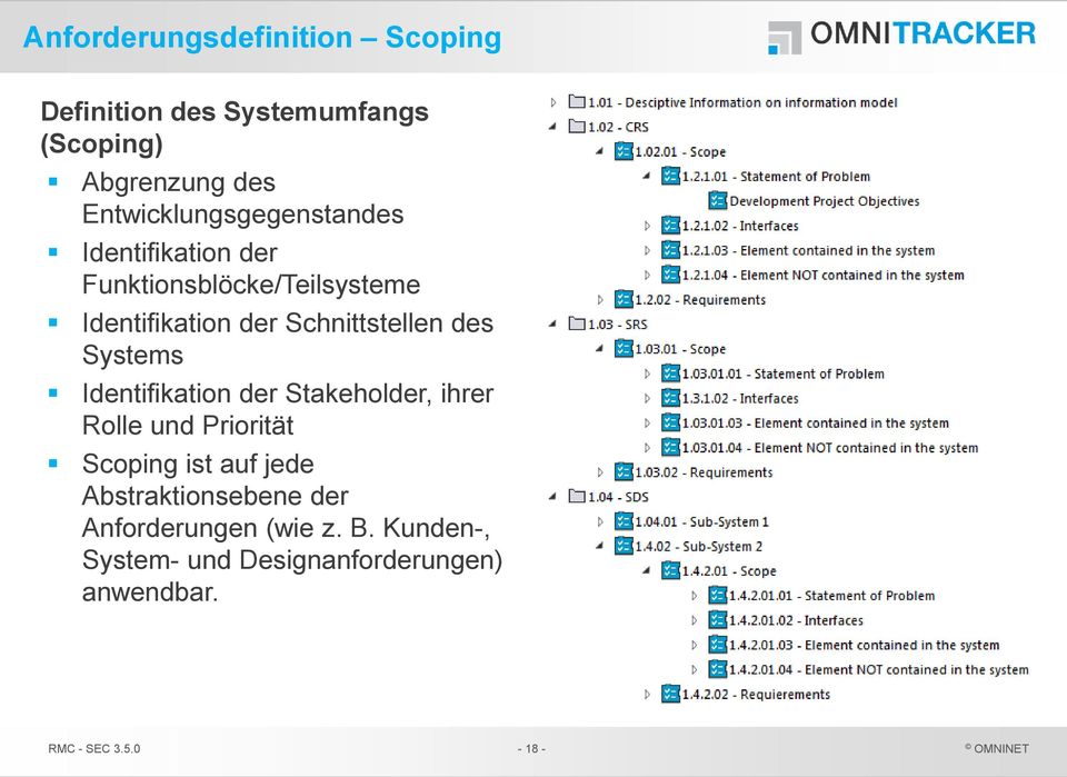 Schnittstellen des Systems Identifikation der Stakeholder, ihrer Rolle und Priorität Scoping ist