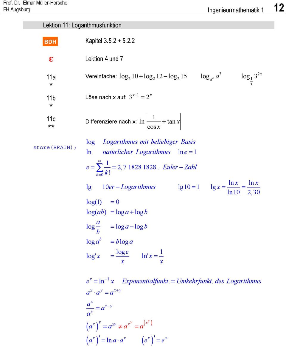 Logrithmus mit beliebiger Bsis ln ntürlicher Logrithmus ln e = e = =,7 88 88.. Euler Zhl k!