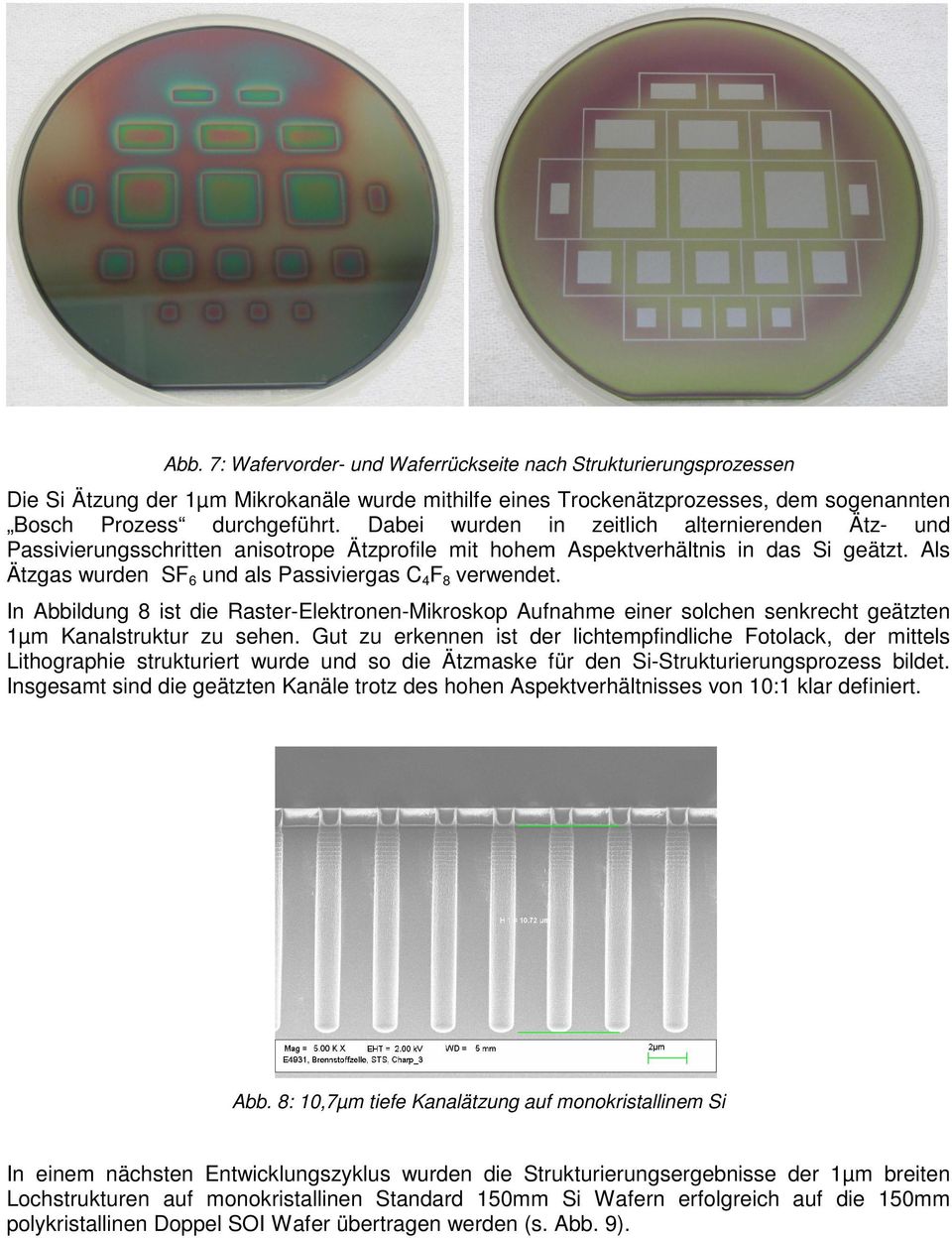 Als Ätzgas wurden SF 6 und als Passiviergas C 4 F 8 verwendet. In Abbildung 8 ist die Raster-Elektronen-Mikroskop Aufnahme einer solchen senkrecht geätzten 1µm Kanalstruktur zu sehen.