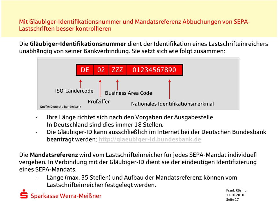 Sie setzt sich wie folgt zusammen: DE 02 ZZZ 01234567890 ISO-Ländercode Quelle: Deutsche Bundesbank Prüfziffer Business Area Code Nationales Identifikationsmerkmal - Ihre Länge richtet sich nach den