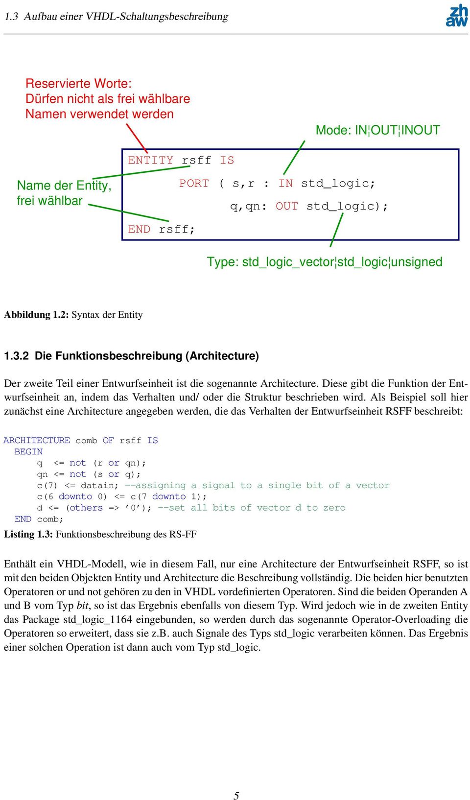 std_logic; q,qn: OUT std_logic); END rsff; Type: std_logic_vector std_logic unsigned Abbildung 1.2: Syntax der Entity 1.3.