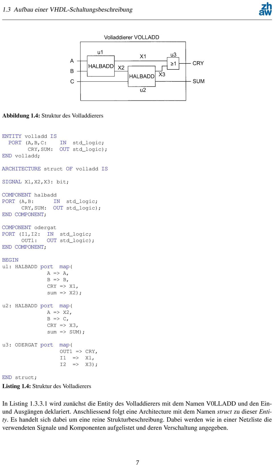 Das entsprechende VHDL-Modell ist als Listing 4 abgedruckt. A B a Volladdierer VOLLADD Abb. 5.3: Struktts Lles Volladdiercrs Abbildung 1.