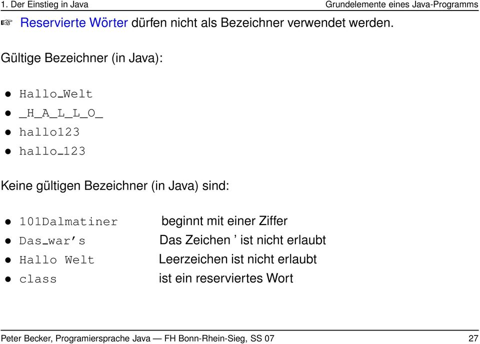 Gültige Bezeichner (in Java): Hallo Welt _H_A_L_L_O_ hallo123 hallo 123 Keine gültigen Bezeichner (in Java) sind: