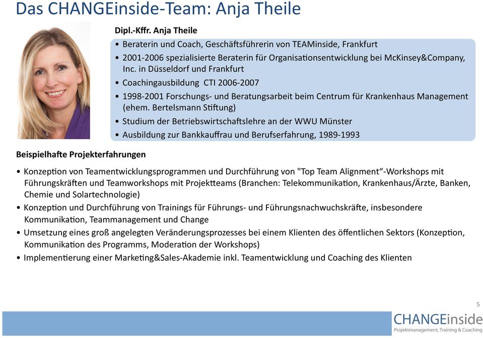 in Düsseldorf und Frankfurt Coachingausbildung CTI 2006-2007 1998-2001 Forschungs- und Beratungsarbeit beim Centrum für Krankenhaus Management (ehem.