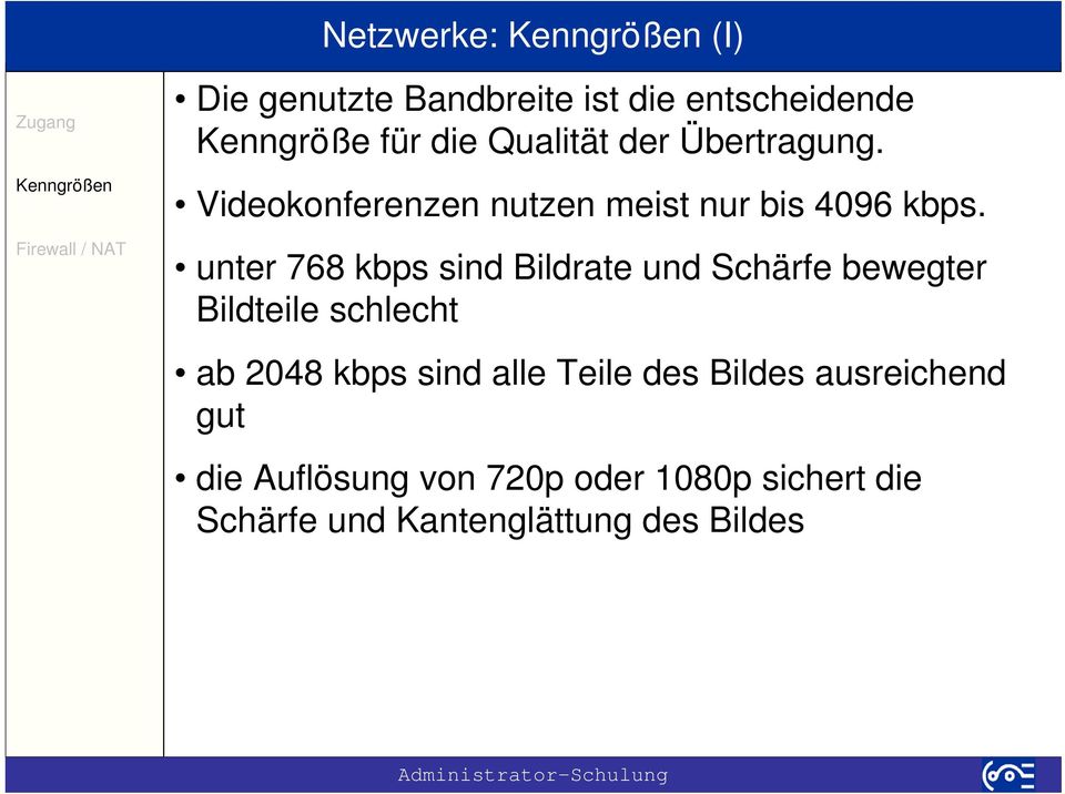 unter 768 kbps sind Bildrate und Schärfe bewegter Bildteile schlecht ab 2048 kbps sind