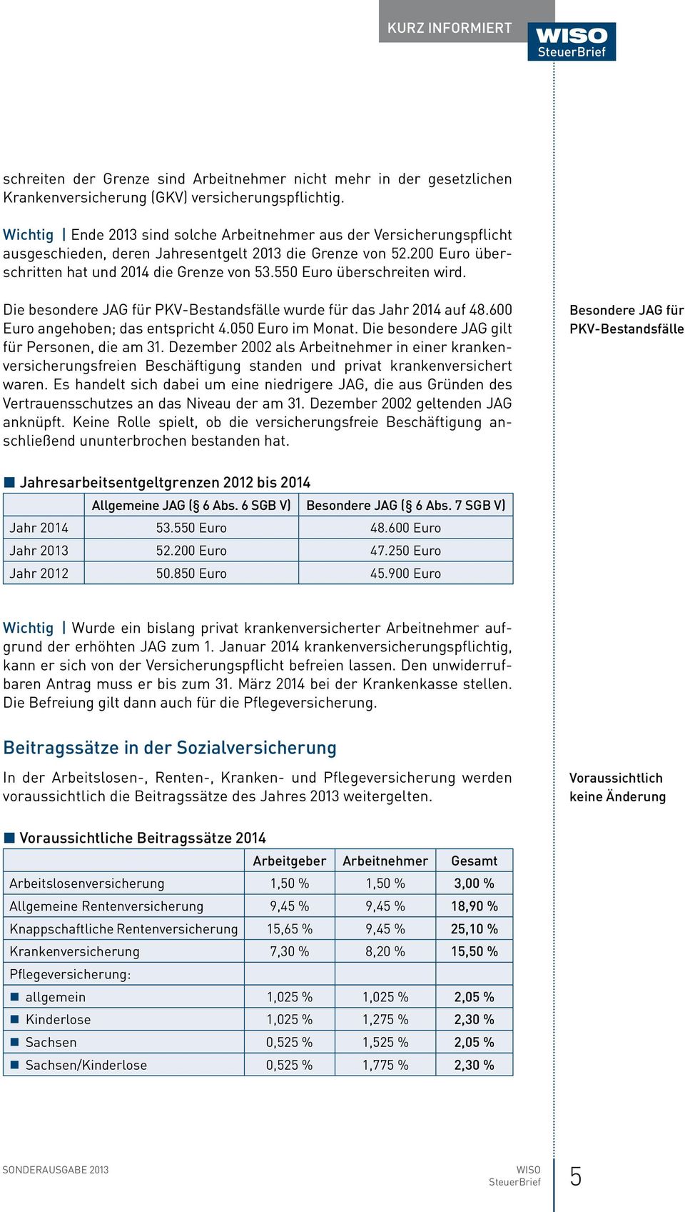550 Euro überschreiten wird. Die besondere JAG für PKV-Bestandsfälle wurde für das Jahr 2014 auf 48.600 Euro angehoben; das entspricht 4.050 Euro im Monat.