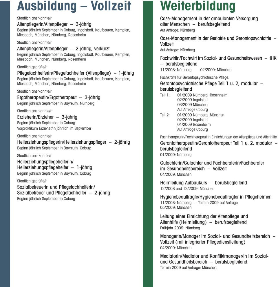 1-jährig Beginn jährlich September in Coburg, Ingolstadt, Kaufbeuren, Kempten, Miesbach, München, Nürnberg, Rosenheim Ergotherapeutin/Ergotherapeut 3-jährig Beginn jährlich September in Bayreuth,