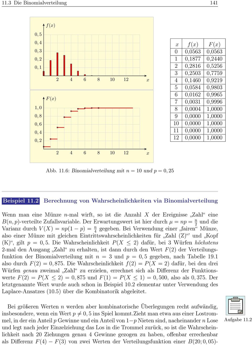 2 Berechnung von Wahrscheinlichkeiten via Binomialverteilung Wenn man eine Münze n-mal wirft, so ist die Anzahl X der Ereignisse Zahl eine B(n, p)-verteilte Zufallsvariable.