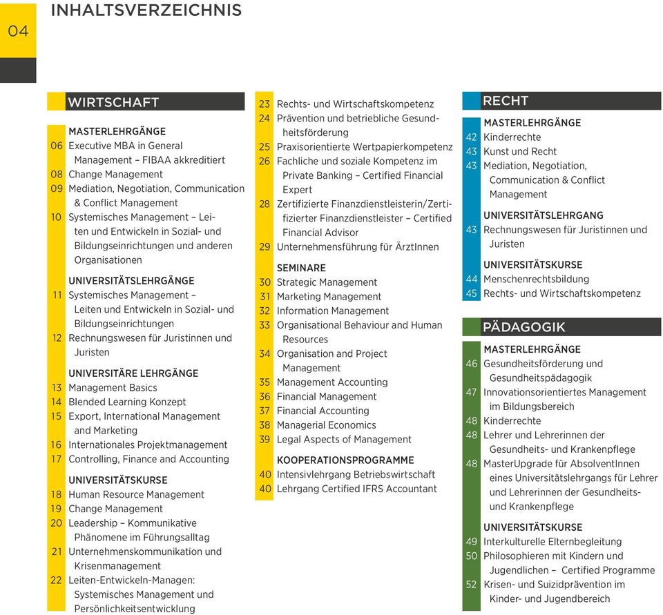 Bildungseinrichtungen 12 Rechnungswesen für Juristinnen und Juristen Universitäre Lehrgänge 1 3 Management Basics 1 4 Blended Learning Konzept 1 5 Export, International Management and Marketing 1 6