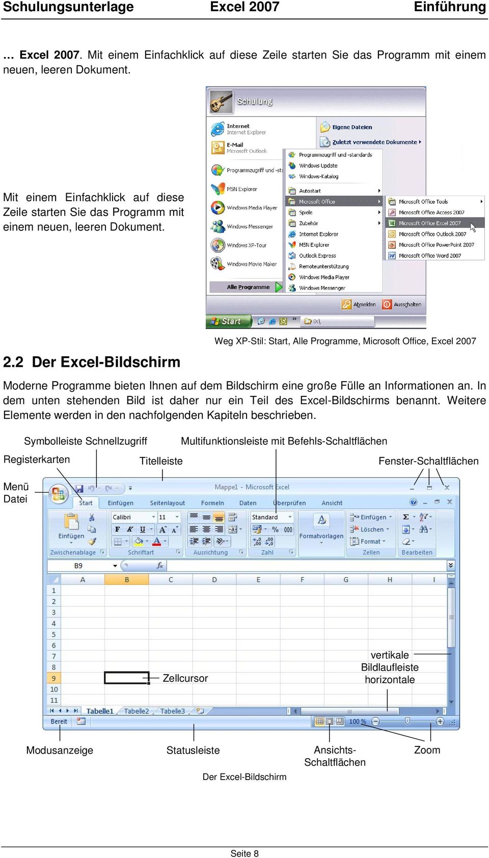 2 Der Excel-Bildschirm Weg XP-Stil: Start, Alle Programme, Microsoft Office, Excel 2007 Moderne Programme bieten Ihnen auf dem Bildschirm eine große Fülle an Informationen an.