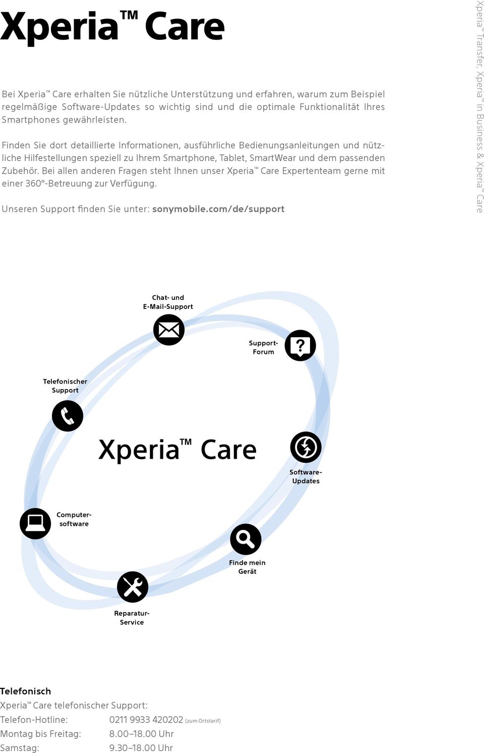 Bei allen anderen Fragen steht Ihnen unser Xperia Care Expertenteam gerne mit einer 360 -Betreuung zur Verfügung. Unseren Support finden Sie unter: sonymobile.