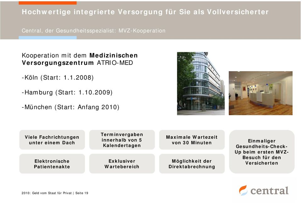 2009) -München (Start: Anfang 2010) Viele Fachrichtungen unter einem Dach Elektronische Patientenakte Terminvergaben innerhalb von 5