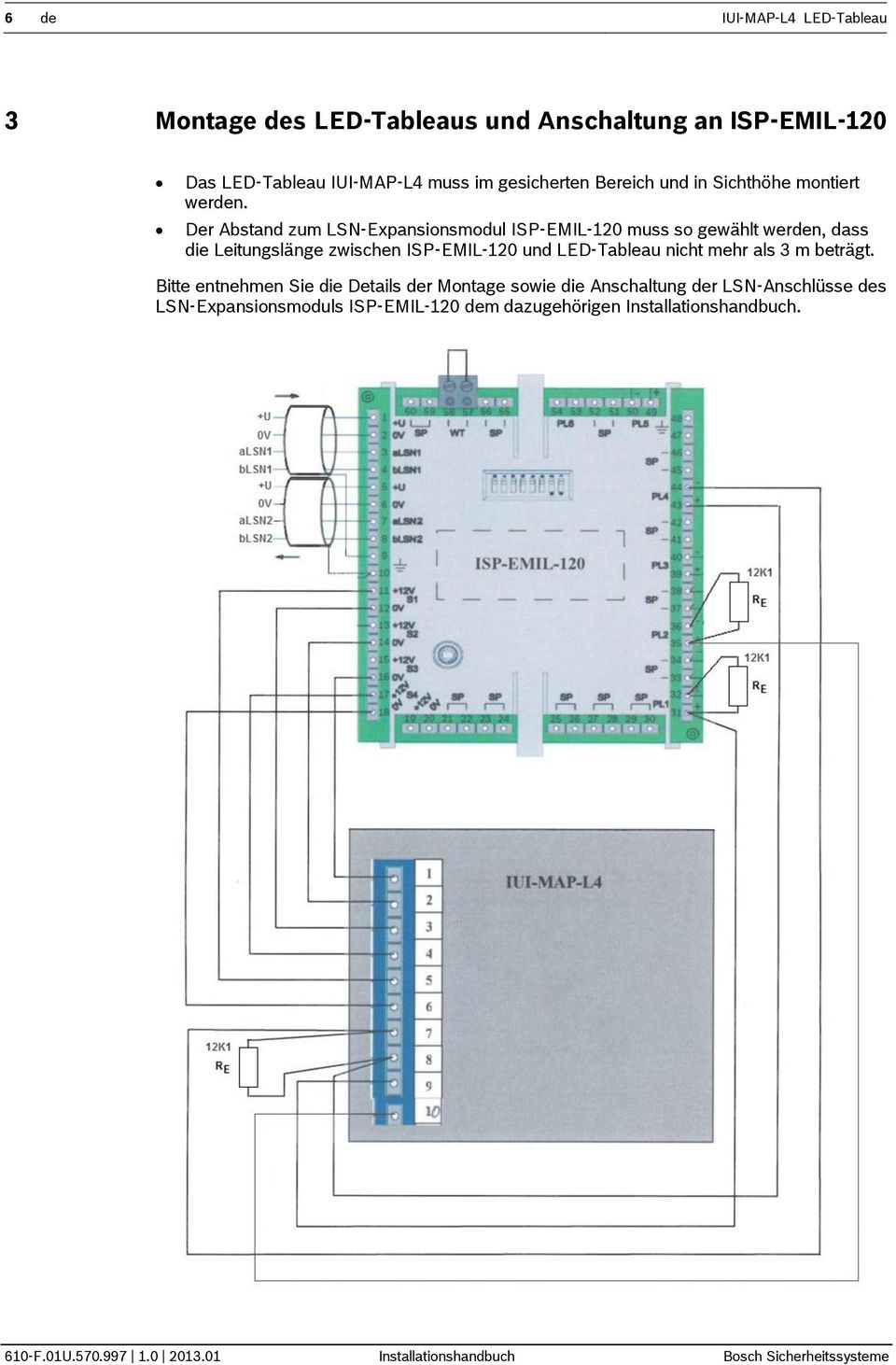 Der Abstand zum LSN-Expansionsmodul ISP-EMIL-120 muss so gewählt werden, dass die Leitungslänge zwischen ISP-EMIL-120 und LED-Tableau nicht mehr