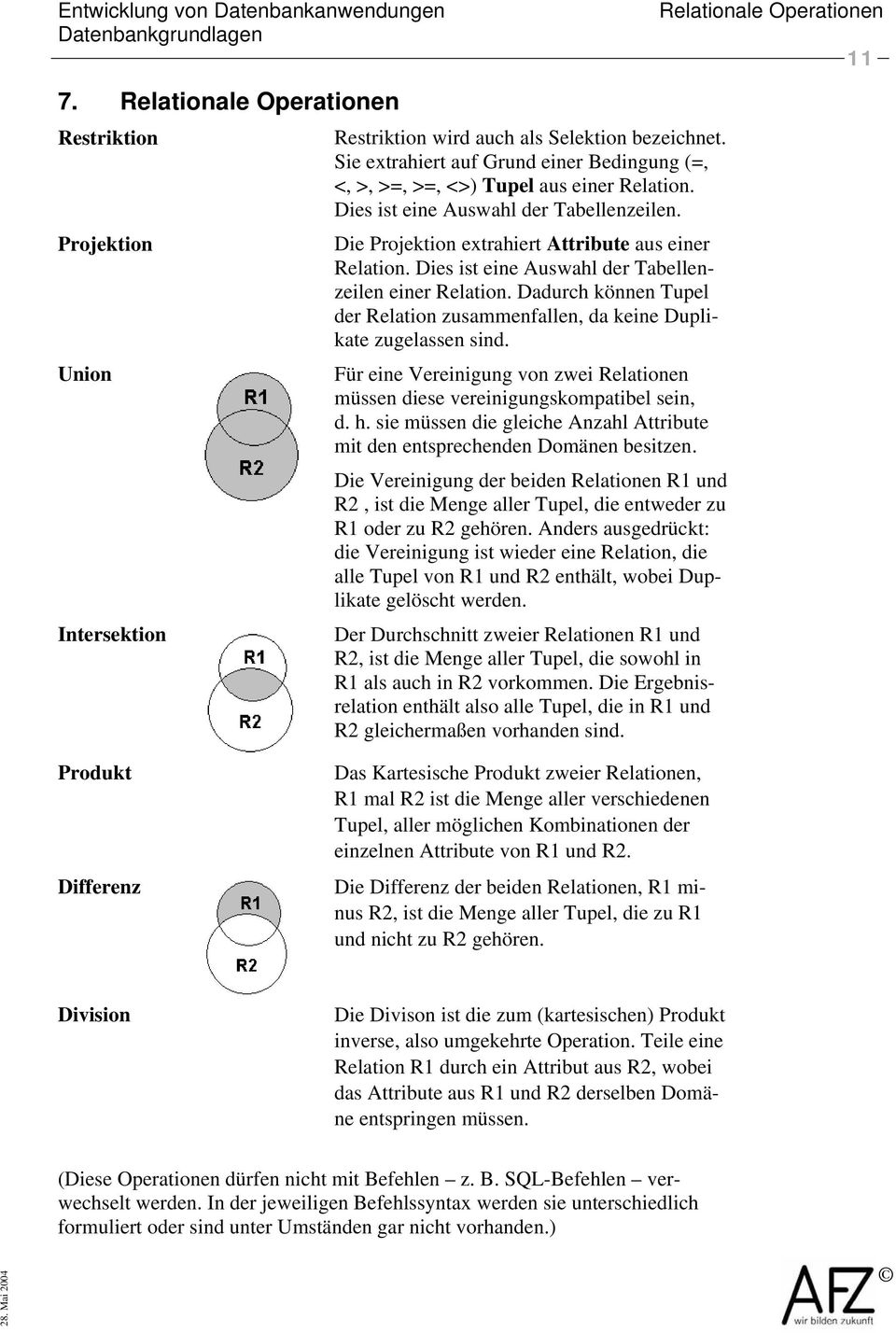 Dies ist eine Auswahl der Tabellenzeilen einer Relation. Dadurch können Tupel der Relation zusammenfallen, da keine Duplikate zugelassen sind.