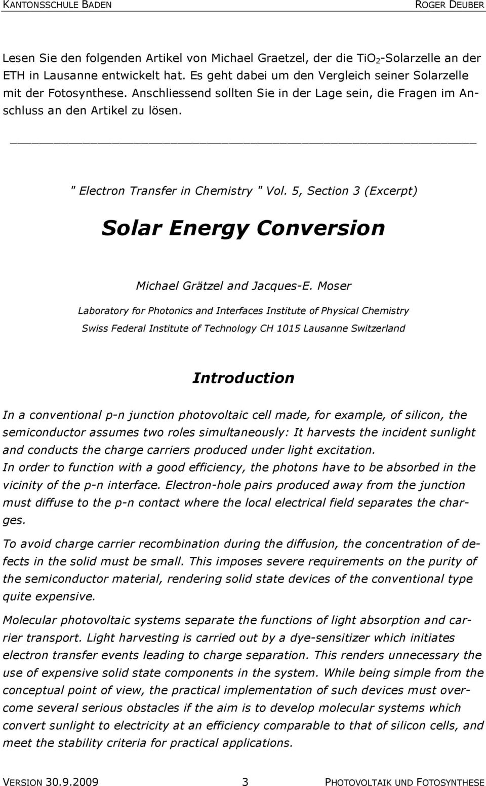 5, Section 3 (Excerpt) Solar Energy Conversion Michael Grätzel and Jacques-E.