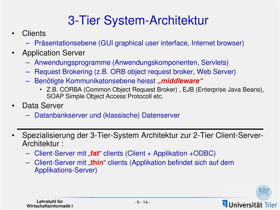 Data Server Datanbankserver und (klassische) Datenserver Spezialisierung der 3-Tier-System Architektur zur 2-Tier Client-Server- Architektur : Client-Server mit fat clients
