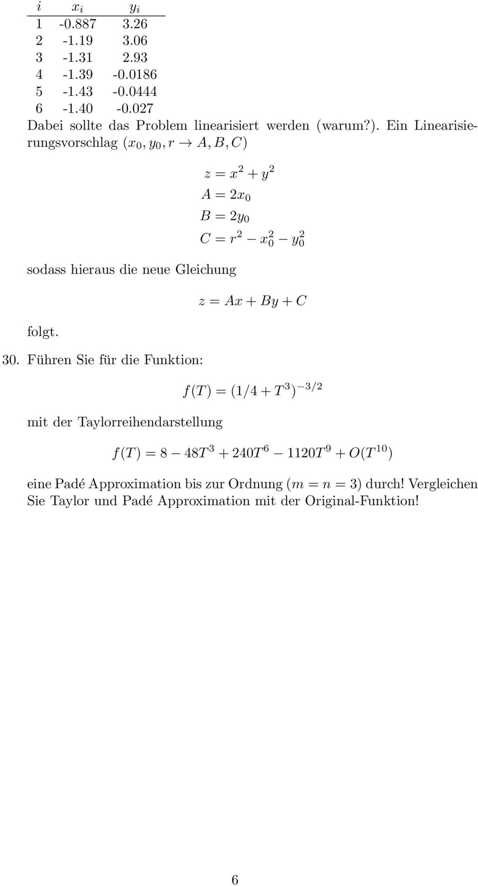 Führen Sie für die Funktion: mit der Taylorreihendarstellung C = r 2 x 2 0 y 2 0 z = Ax + By + C f(t ) = (1/4 + T 3 ) 3/2 f(t ) = 8 48T 3 +