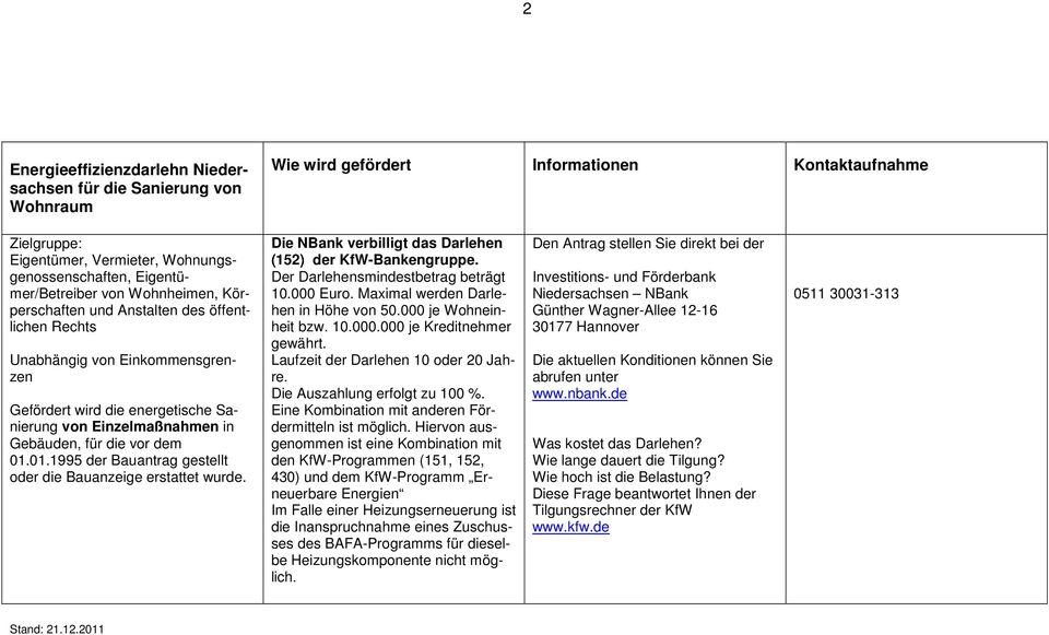 01.1995 der Bauantrag gestellt oder die Bauanzeige erstattet. Die NBank verbilligt das Darlehen (152) der. Der Darlehensmindestbetrag beträgt 10.000 Euro. Maximal werden Darlehen in Höhe von 50.