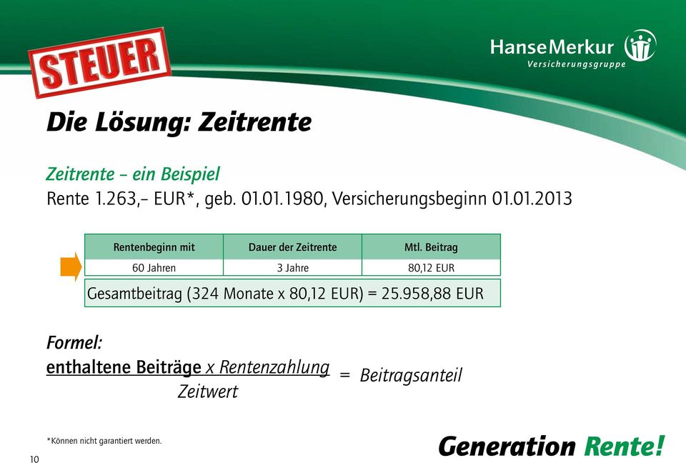 Beitrag 60 Jahren 3 Jahre 80,12 EUR Gesamtbeitrag (324 Monate x 80,12 EUR) = 25.