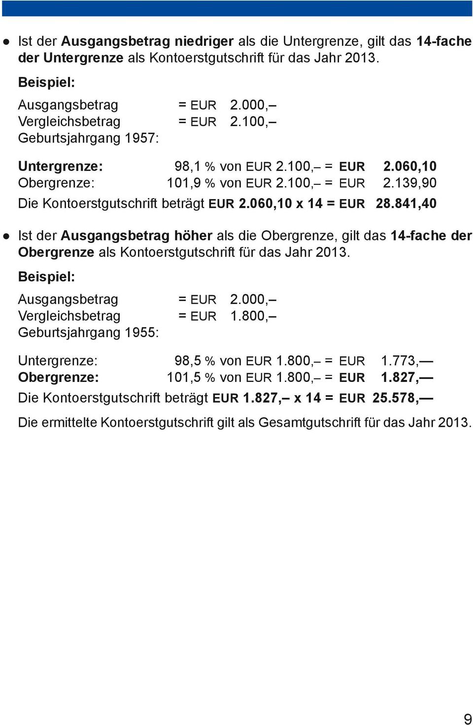841,40 Ist der Ausgangsbetrag höher als die Obergrenze, gilt das 14-fache der Obergrenze als Kontoerstgutschrift für das Jahr 2013. Beispiel: Ausgangsbetrag = EUR 2.000, Vergleichsbetrag = EUR 1.