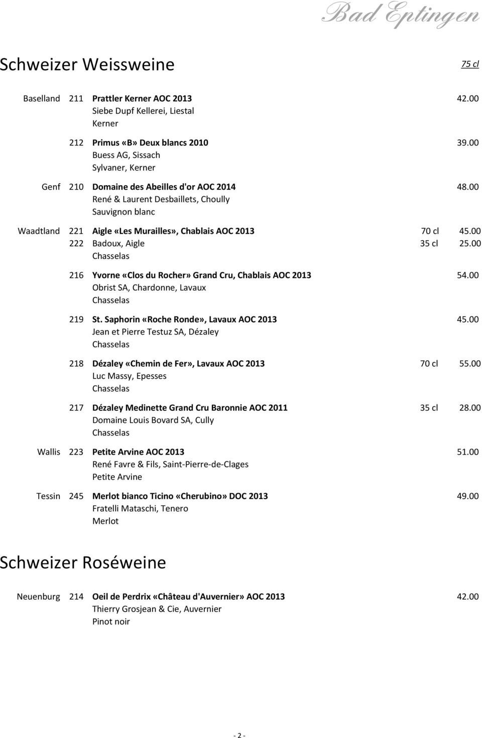 00 216 Yvorne «Clos du Rocher» Grand Cru, Chablais AOC 2013 Obrist SA, Chardonne, Lavaux Chasselas 219 St.