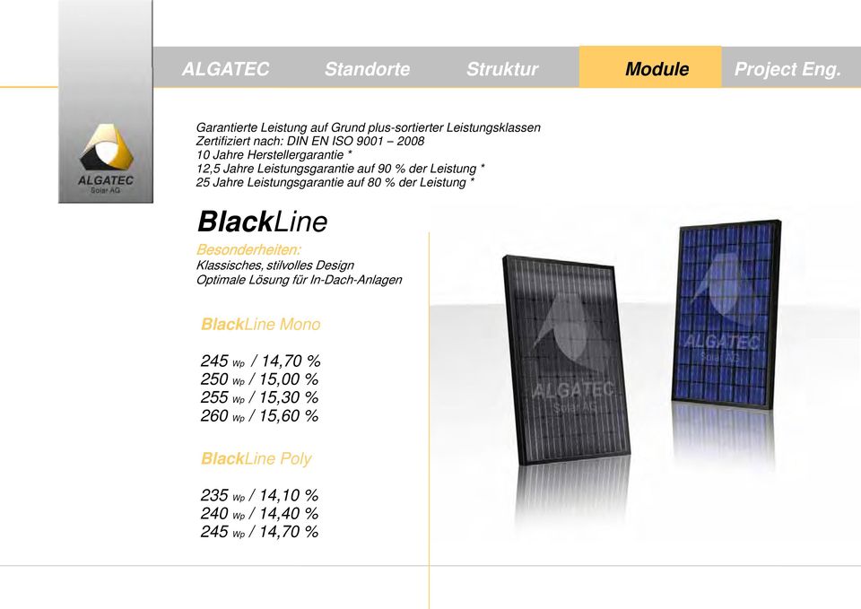 Leistung * BlackLine Besonderheiten: Klassisches, stilvolles Design Optimale Lösung für In-Dach-Anlagen BlackLine Mono