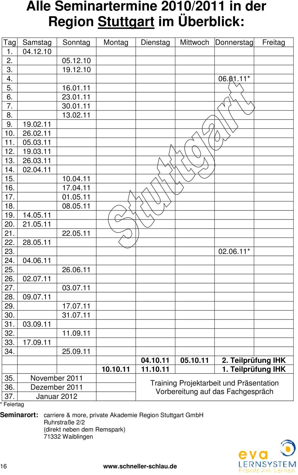 28.05.11 23. 02.06.11* 24. 04.06.11 25. 26.06.11 26. 02.07.11 27. 03.07.11 28. 09.07.11 29. 17.07.11 30. 31.07.11 31. 03.09.11 32. 11.09.11 33. 17.09.11 34. 25.09.11 04.10.11 05.10.11 2. Teilprüfung IHK 10.