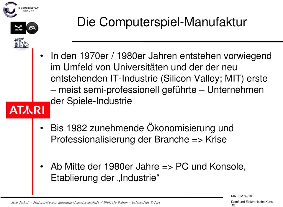 semi-professionell geführte Unternehmen der Spiele-Industrie Bis 1982 zunehmende Ökonomisierung und