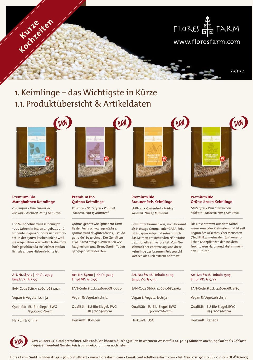 1. Produktübersicht & Artikeldaten Premium Bio Mungbohnen Keimlinge Premium Bio Quinoa Keimlinge Premium Bio Brauner Reis Keimlinge Premium Bio Grüne Linsen Keimlinge Glutenfrei Kein Einweichen