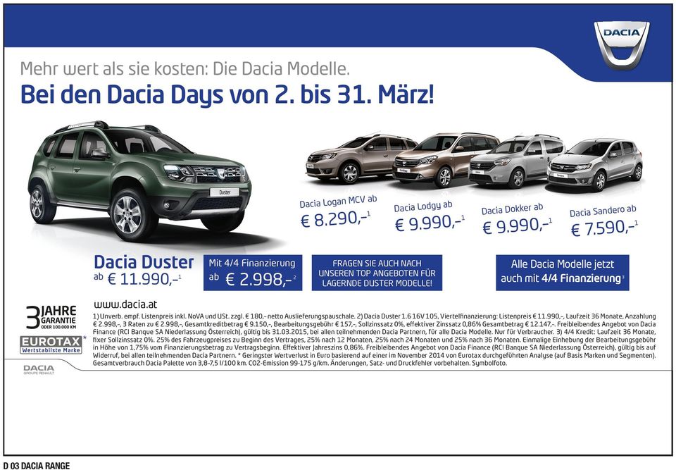 180, netto Auslieferungspauschale. 2) Dacia Duster 1.6 16V 105, Viertelfinanzierung: Listenpreis 11.990,, Laufzeit 36 Monate, Anzahlung 2.998,, 3 Raten zu 2.998,, Gesamtkreditbetrag 9.