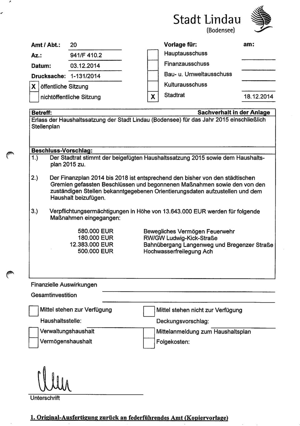 2014 Betreff: Sachverhalt in der Anlage Erlass der Haushaltssatzung der Stadt Lindau (Bodensee) für das Jahr 2015 einschließlich Stellenplan Beschluss-Vorschlag: 1-) Der Stadtrat stimmt der