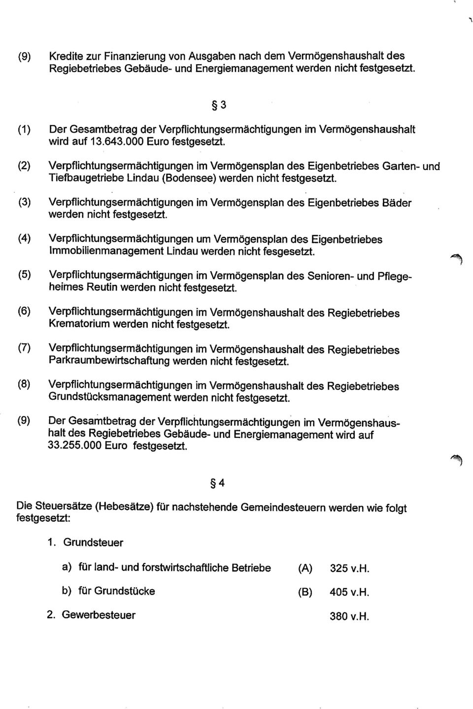 (2) Verpflichtungsermächtigungen im Vermögensplan des Eigenbetriebes Garten- und Tiefbaugetriebe Lindau (Bodensee) werden nicht festgesetzt.