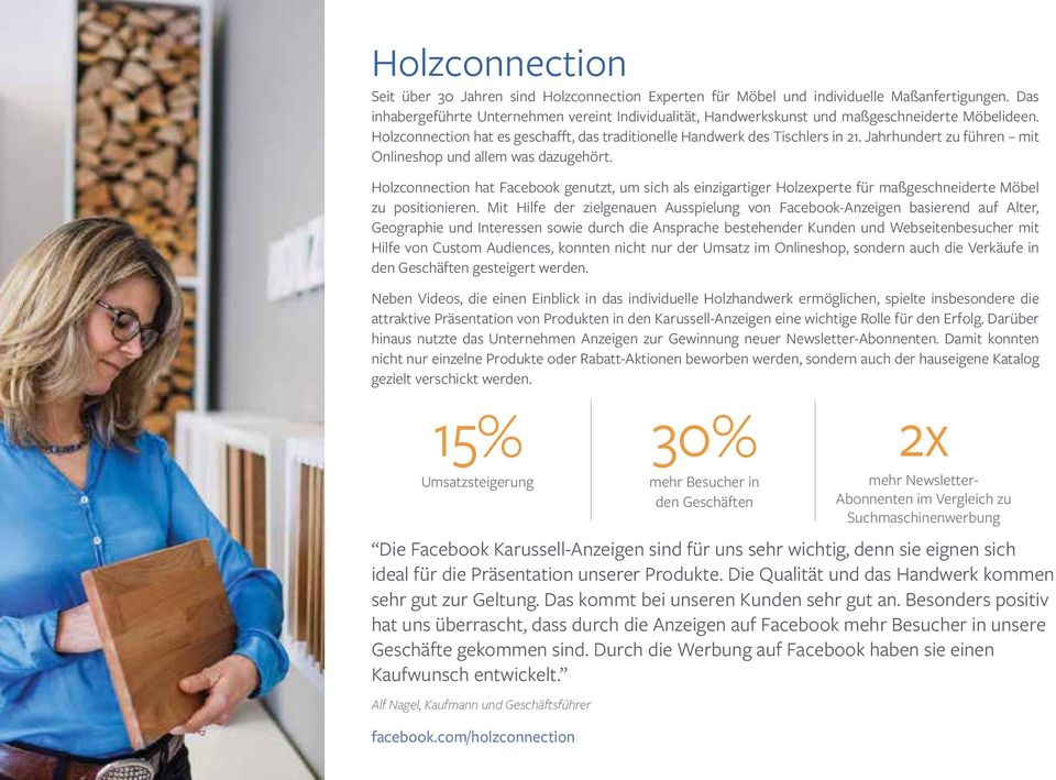 Jahrhundert zu führen mit Onlineshop und allem was dazugehört. Holzconnection hat Facebook genutzt, um sich als einzigartiger Holzexperte für maßgeschneiderte Möbel zu positionieren.