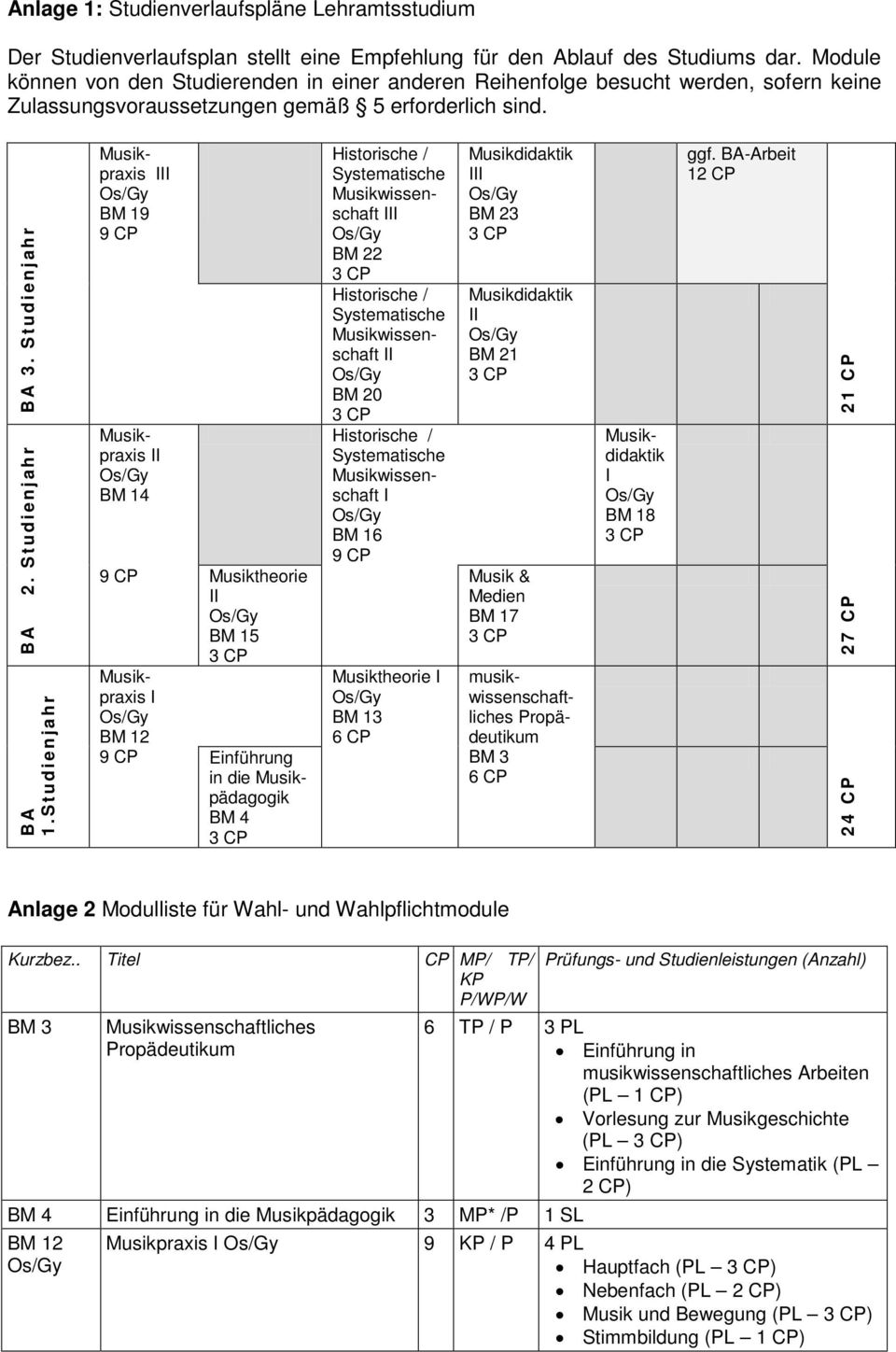 Studienjahr Musikpraxis I BM 19 9 CP Musikpraxis BM 14 9 CP Musiktheorie BM 15 Musikpraxis I BM 12 9 CP Einführung in die Musikpädagogik BM 4 Historische / Systematische Musikwissenschaft I BM 22