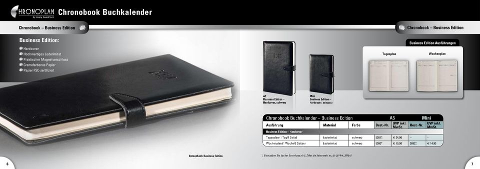 Buchkalender Business Edition A5 Mini Ausführung Material Farbe Best.-Nr. UVP inkl. MwSt.
