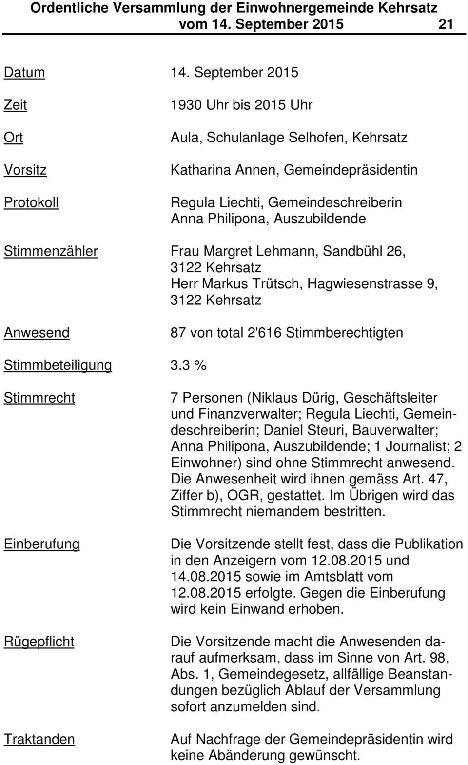 Auszubildende Stimmenzähler Frau Margret Lehmann, Sandbühl 26, 3122 Kehrsatz Herr Markus Trütsch, Hagwiesenstrasse 9, 3122 Kehrsatz Anwesend 87 von total 2'616 Stimmberechtigten Stimmbeteiligung 3.