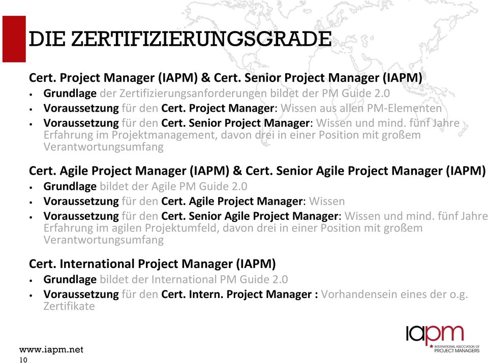 fünf Jahre Erfahrung im Projektmanagement, davon drei in einer Position mit großem Verantwortungsumfang Cert. Agile Project Manager (IAPM) & Cert.