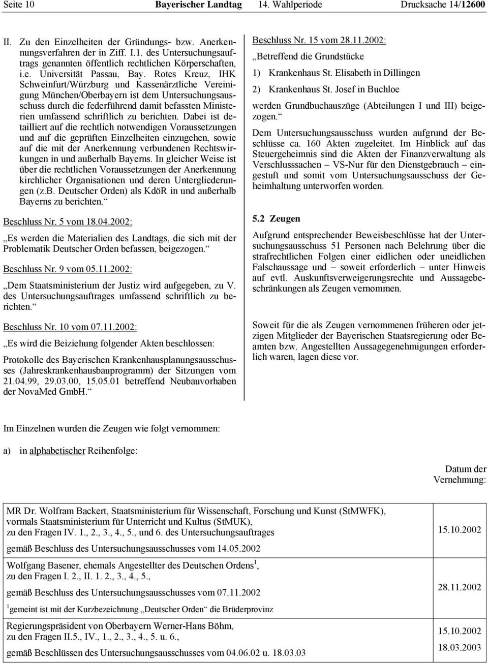 Rotes Kreuz, IHK Schweinfurt/Würzburg und Kassenärztliche Vereinigung München/Oberbayern ist dem Untersuchungsausschuss durch die federführend damit befassten Ministerien umfassend schriftlich zu